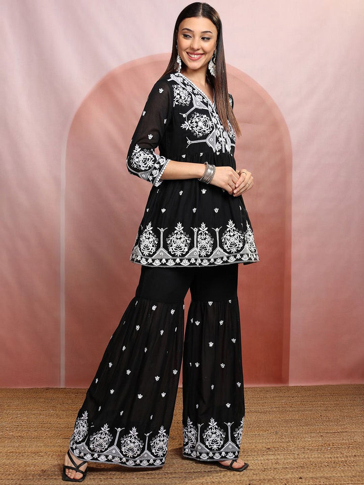 Vishudh Black Floral Embroidered Thread Work Pure Cotton Kurti with Sharara & Dupatta