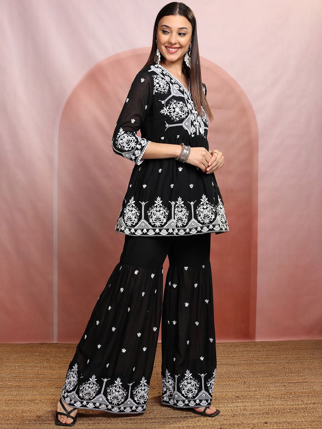 Vishudh Black Floral Embroidered Thread Work Pure Cotton Kurti with Sharara & Dupatta