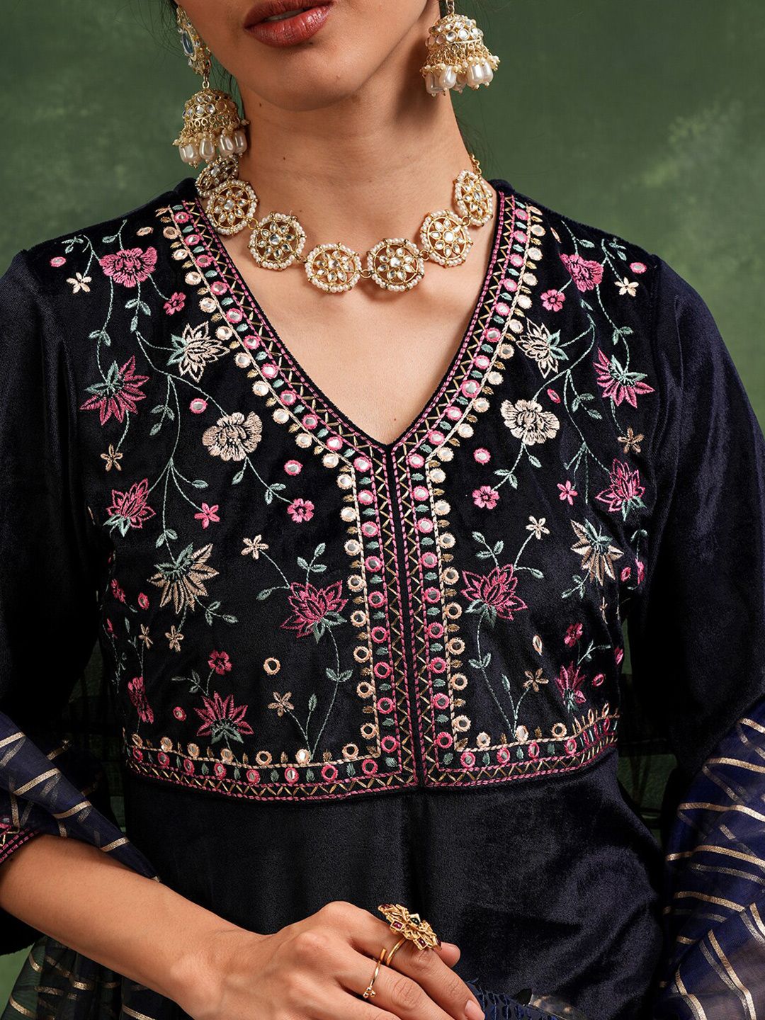 Vishudh Floral Embroidered V-Neck Maxi Ethnic Dress With Dupatta
