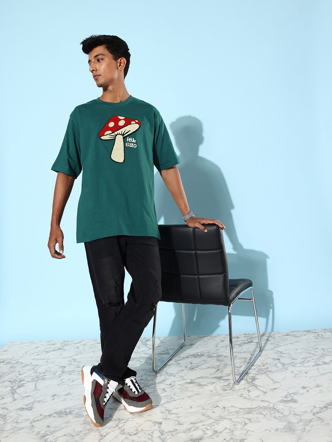 DILLINGER Men Green & Red Embroidered Oversized Pure Cotton Longline T-shirt