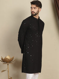 Anouk Striped Mandarin Collar Long Sleeves Cotton Thread Work Kurta