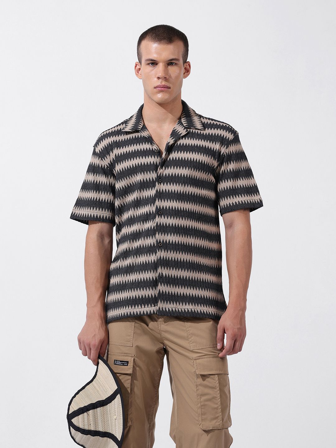 The Indian Garage Co Men Relaxed Fit Textured Crochet Knit Resort Wear Shirt