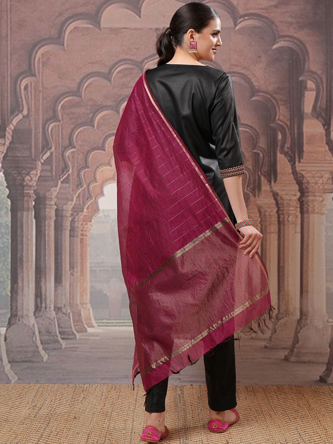 Vishudh Black Yoke Design Thread Work Kurta with Trouser & Dupatta
