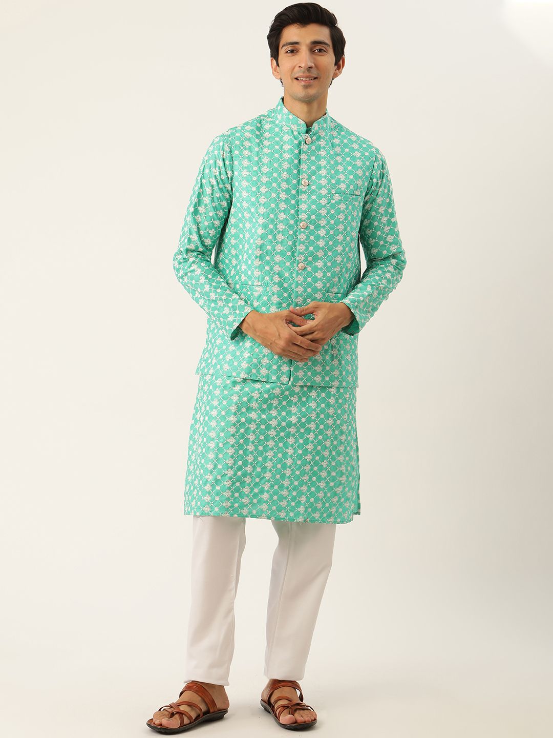 SOJANYA Set Kurta Sulam Lelaki Motif Etnik Biru Dengan Jaket Nehru
