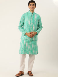SOJANYA Set Kurta Sulam Lelaki Motif Etnik Biru Dengan Jaket Nehru