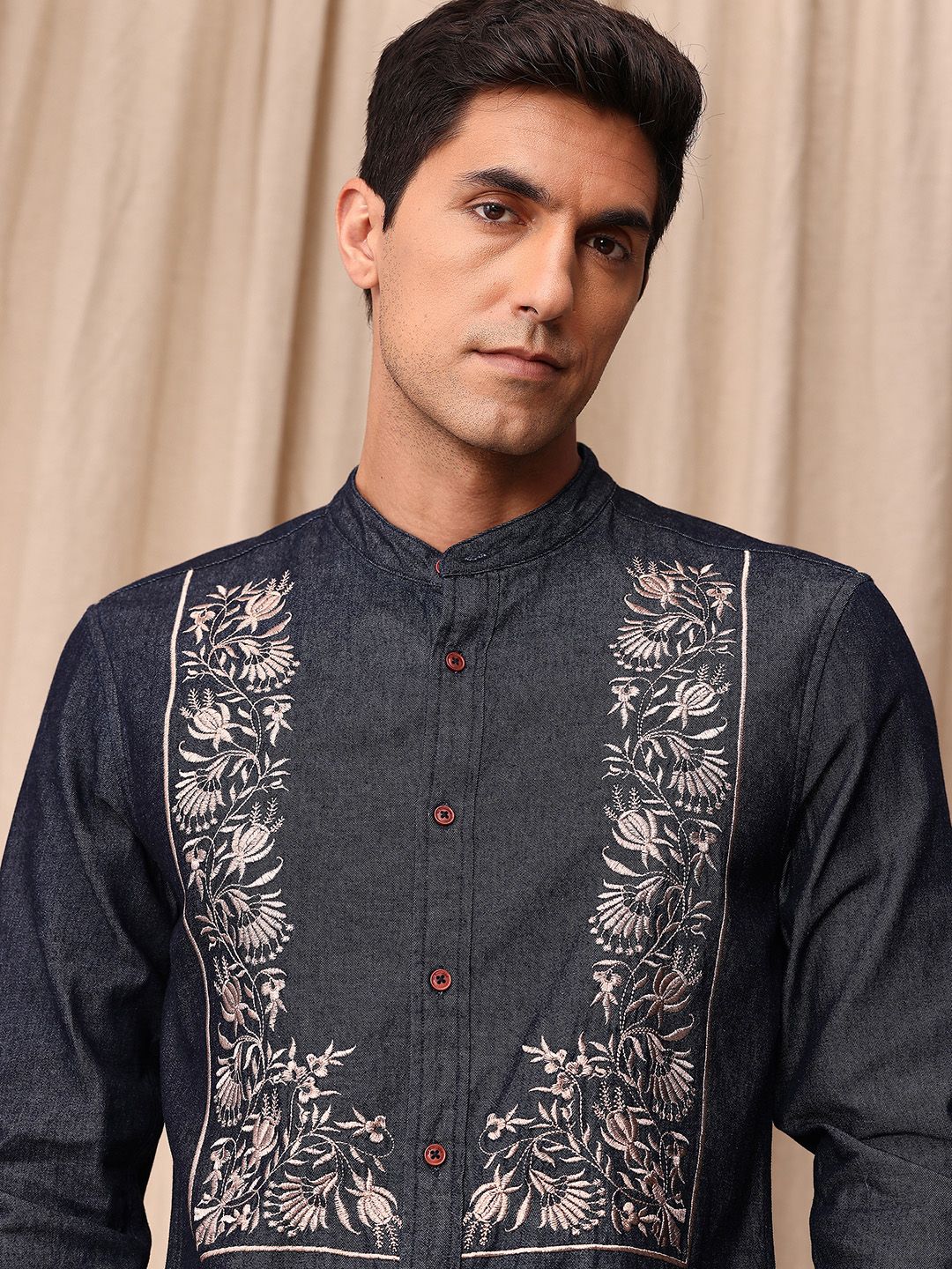Mr Bowerbird Pure Cotton Tailored Fit Floral Embroidered Denim Casual Shirt