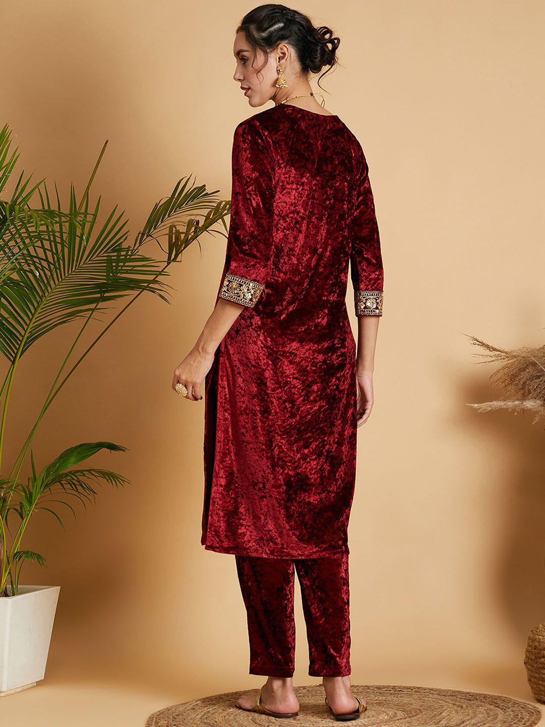 Shae by SASSAFRAS Maroon Floral Yoke Design Sequinned Velvet Straight Kurta