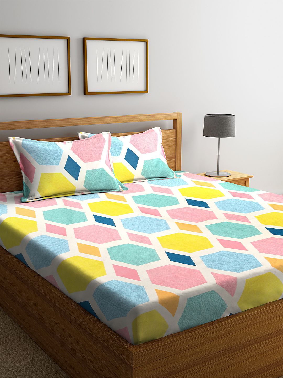 KLOTTHE Pink Geometric Polycotton 300 TC Fitted King Fine Bedsheet dengan 2 Sarung Bantal-59 x 87 inci