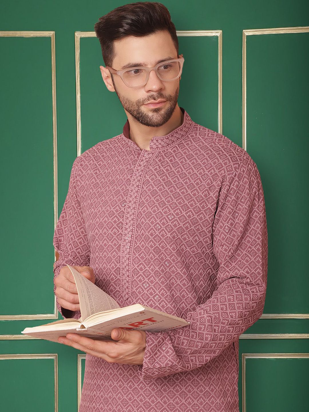 Jompers Geometric Embroidered Mandarin Collar Sequins Straight Kurta