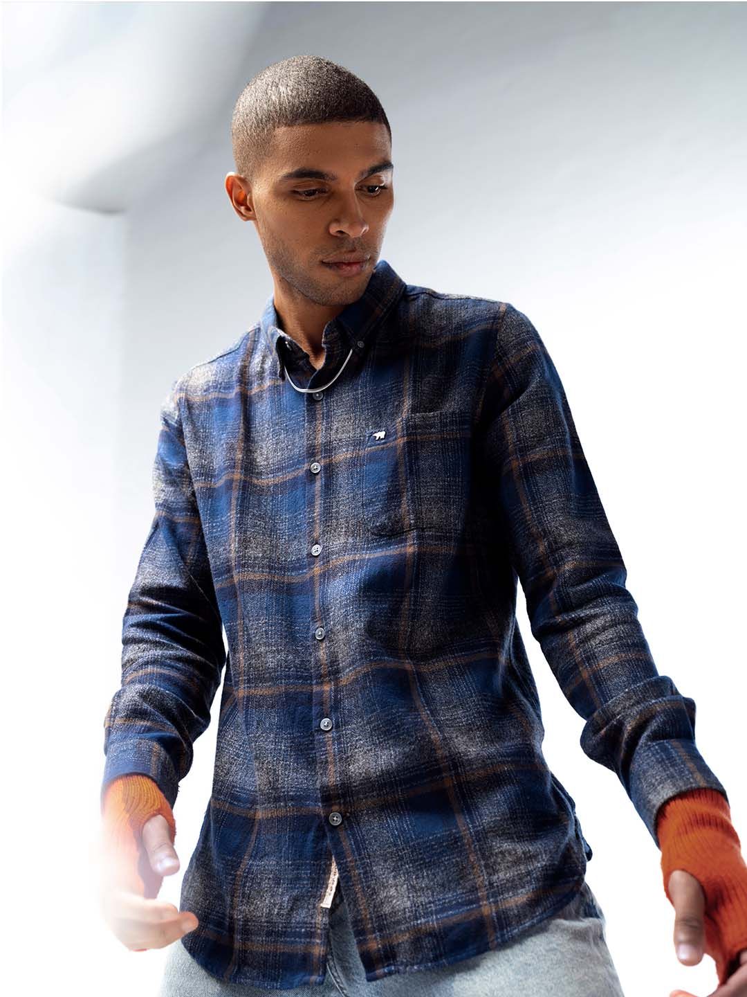 THE BEAR HOUSE Men Navy Blue Slim Fit Tartan Checked Flannel Pure Cotton Casual Shirt