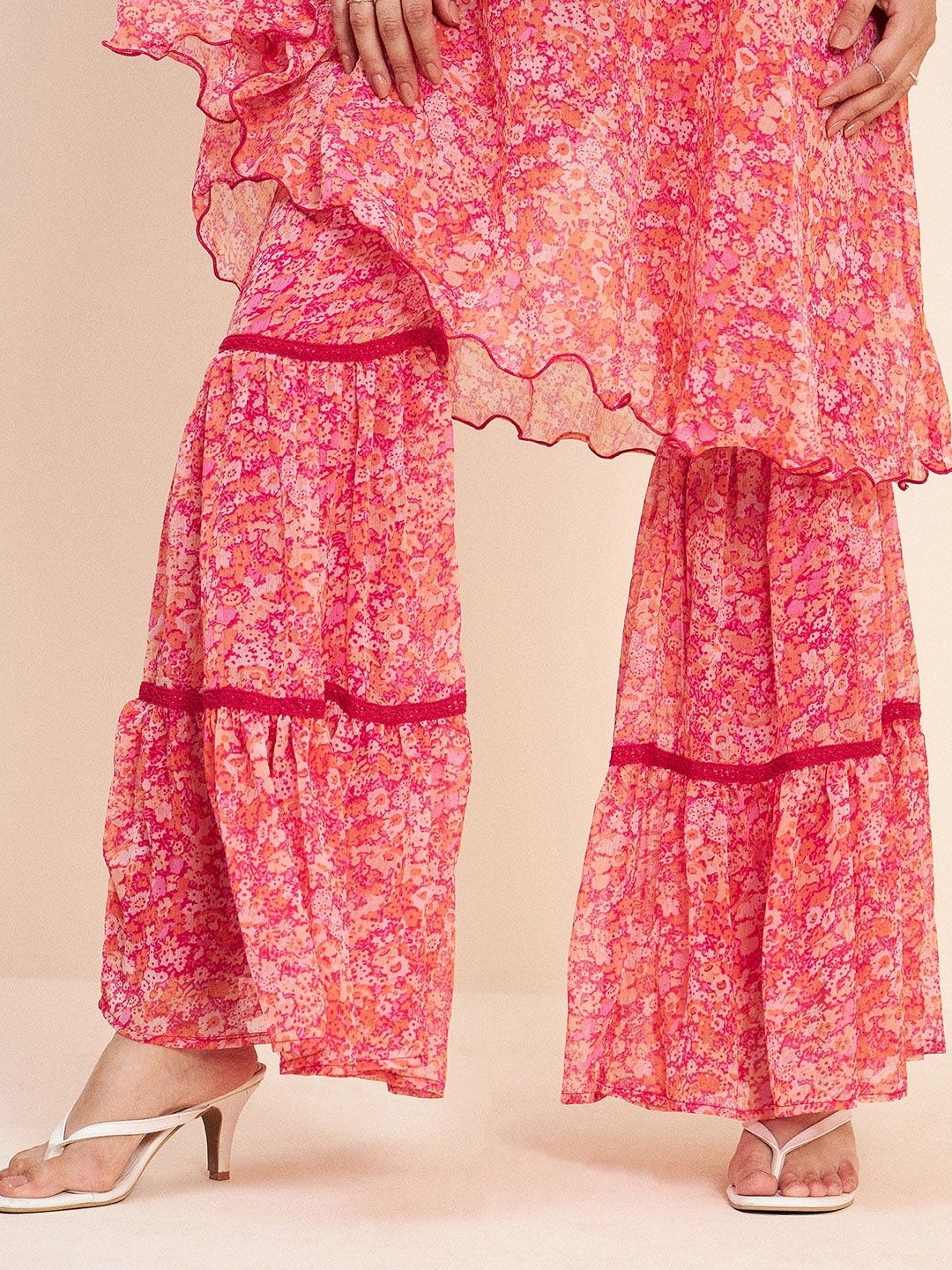 Antheaa Pink Floral Printed A-Line Kurta With Sharara