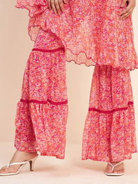 Antheaa Pink Floral Printed A-Line Kurta With Sharara