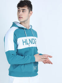 HIGHLANDER Men Teal Colourblocked Hooded Sweatshirt