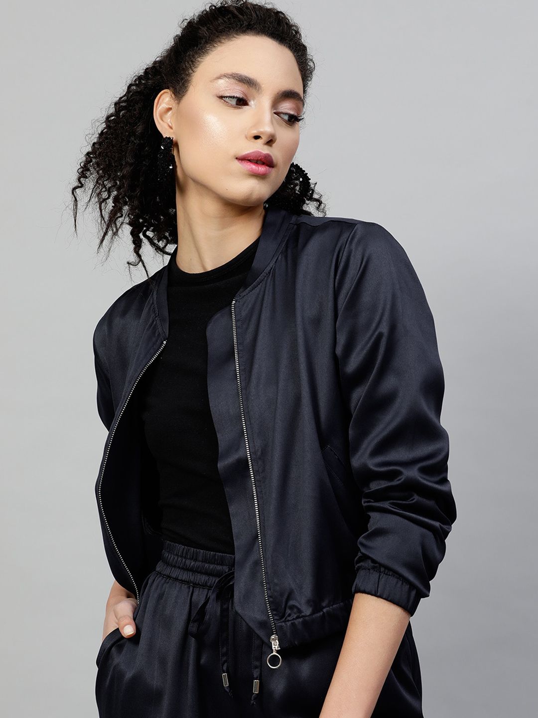 STREET 9 Women Navy Blue Solid Lightweight Sporty Jacket