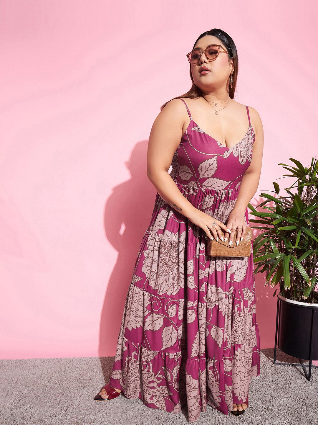 SASSAFRAS Curve Magenta Plus Size Floral Printed Tiered Maxi Dress
