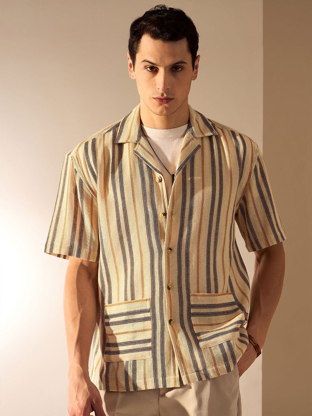 DENNISON Men Vertical Striped Oversized Crochet Shirt