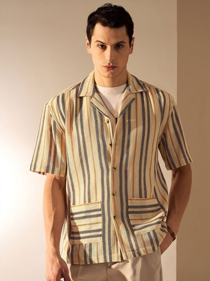 DENNISON Men Vertical Striped Oversized Crochet Shirt