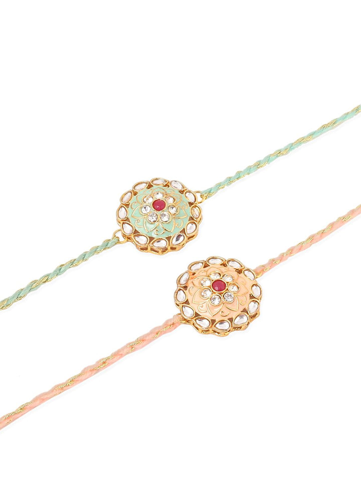 NVR Unisex Set of 2 Kundan Studded Round Floral Rakhi with Roli Chawal Chandan Mishri