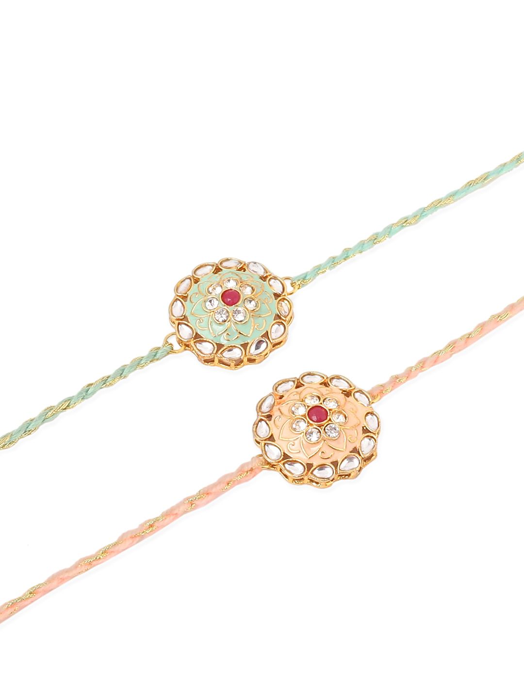 NVR Unisex Set of 2 Kundan Studded Round Floral Rakhi with Roli Chawal Chandan Mishri