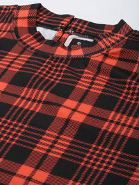 SASSAFRAS Red & Black Checked Knit High Neck Tie-Waist Crop Top
