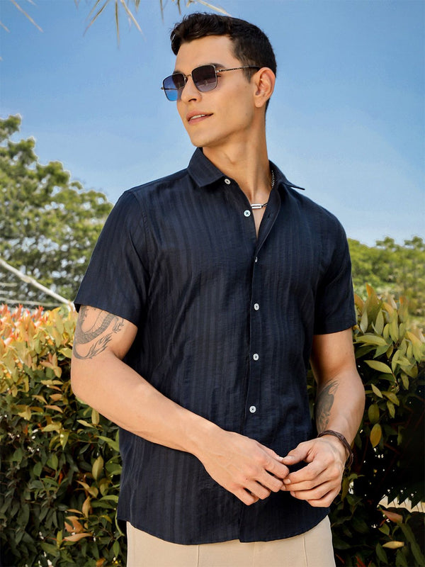 Thomas Scott Men Smart Slim Fit Spread Collar Vertical Striped Casual Shirt