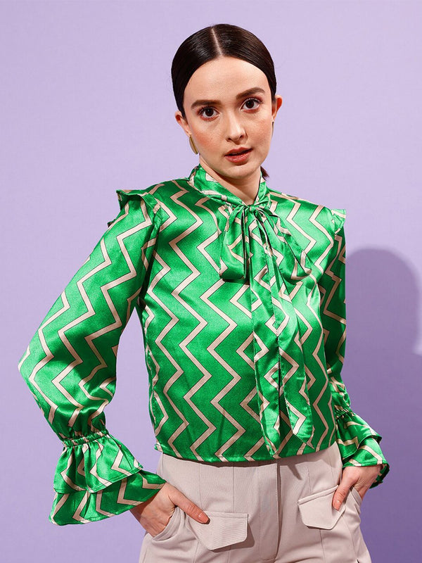 Jalan 9 Geometric Printed Tie-Up Neck Bell Lengan Satin Atas