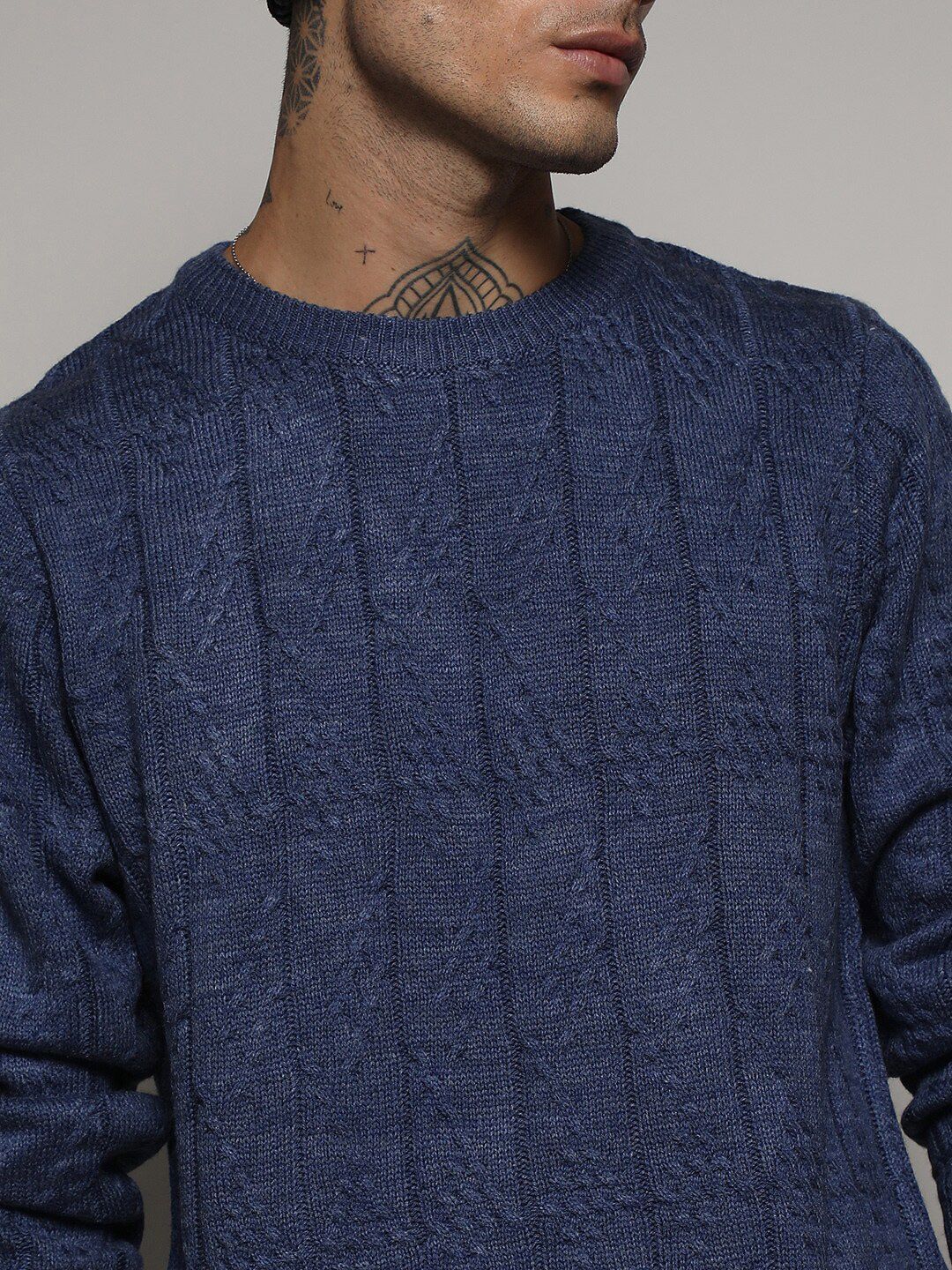 Campus Sutra Blue Cable Knit Self Design Woollen Pullover