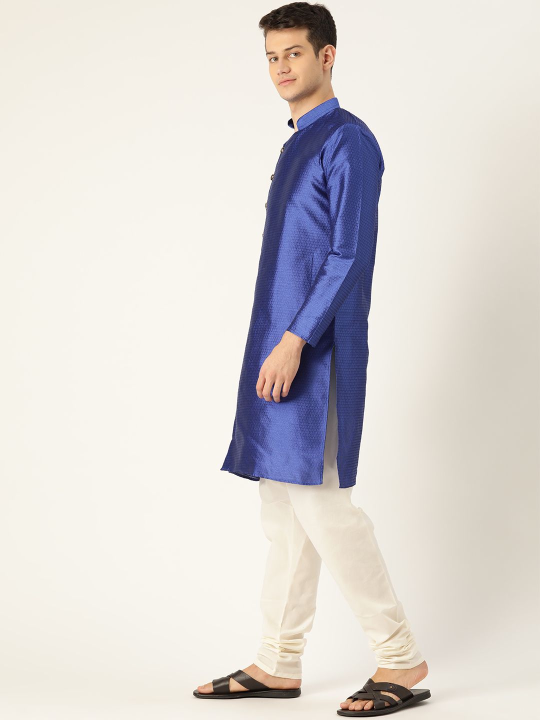 SOJANYA Men Blue Ethnic Woven Design Straight Angrakha Kurta
