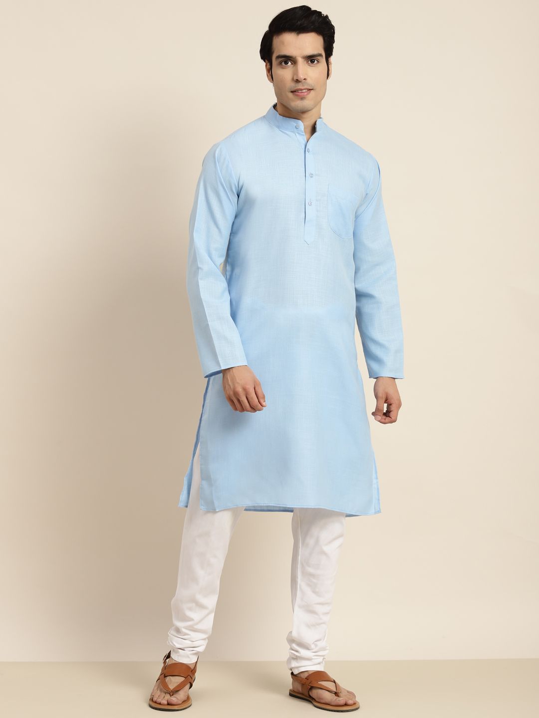 Anug by SOJANYA Men Blue Band Collar Kurta