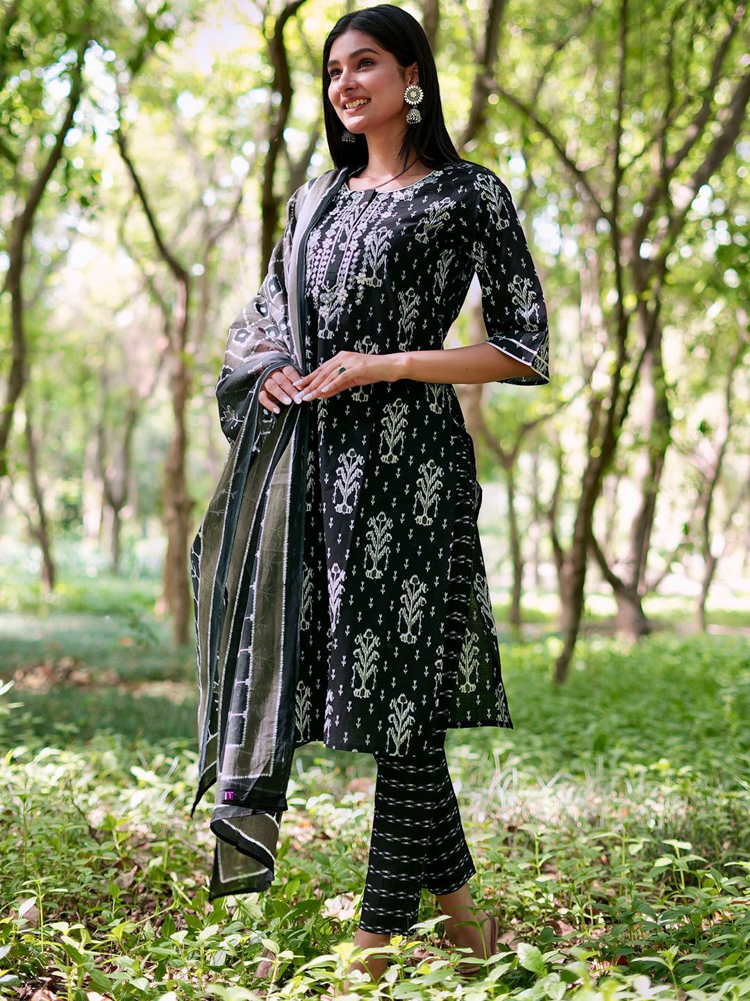 Libas Floral Printed Regular Mirror Work Pure Cotton Kurta With Trousers & Dupatta