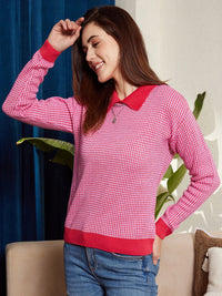 Berrylush Red & White Checked Shirt Collar Acrylic Pullover Sweater