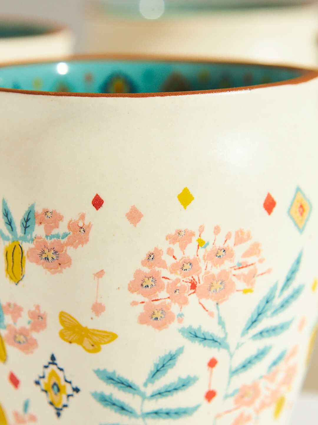 Chumbak Cream-Coloured & Green 4-Pieces Floral Printed Ceramic Glossy Cups 200 ml Each