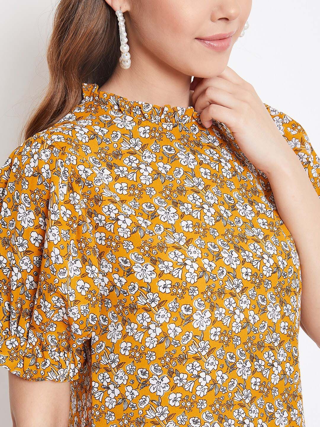 Berrylush Women Mustard Yellow & White Floral Printed Top