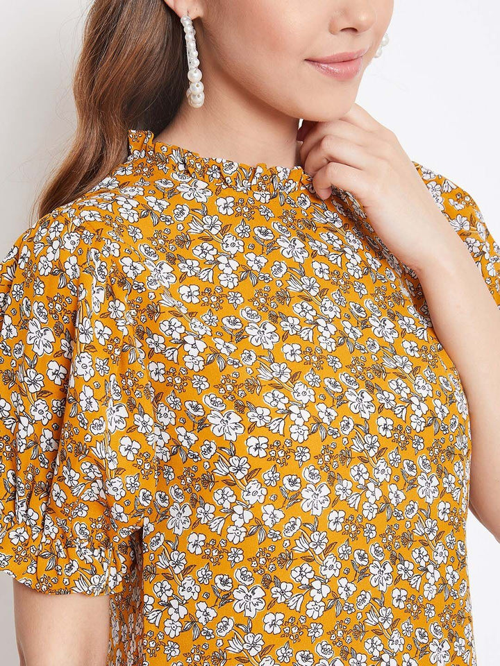 Berrylush Women Mustard Yellow & White Floral Printed Top