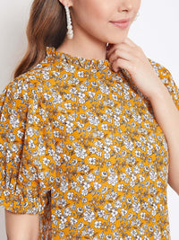 Berrylush Women Mustard Yellow & White Floral Printed Top