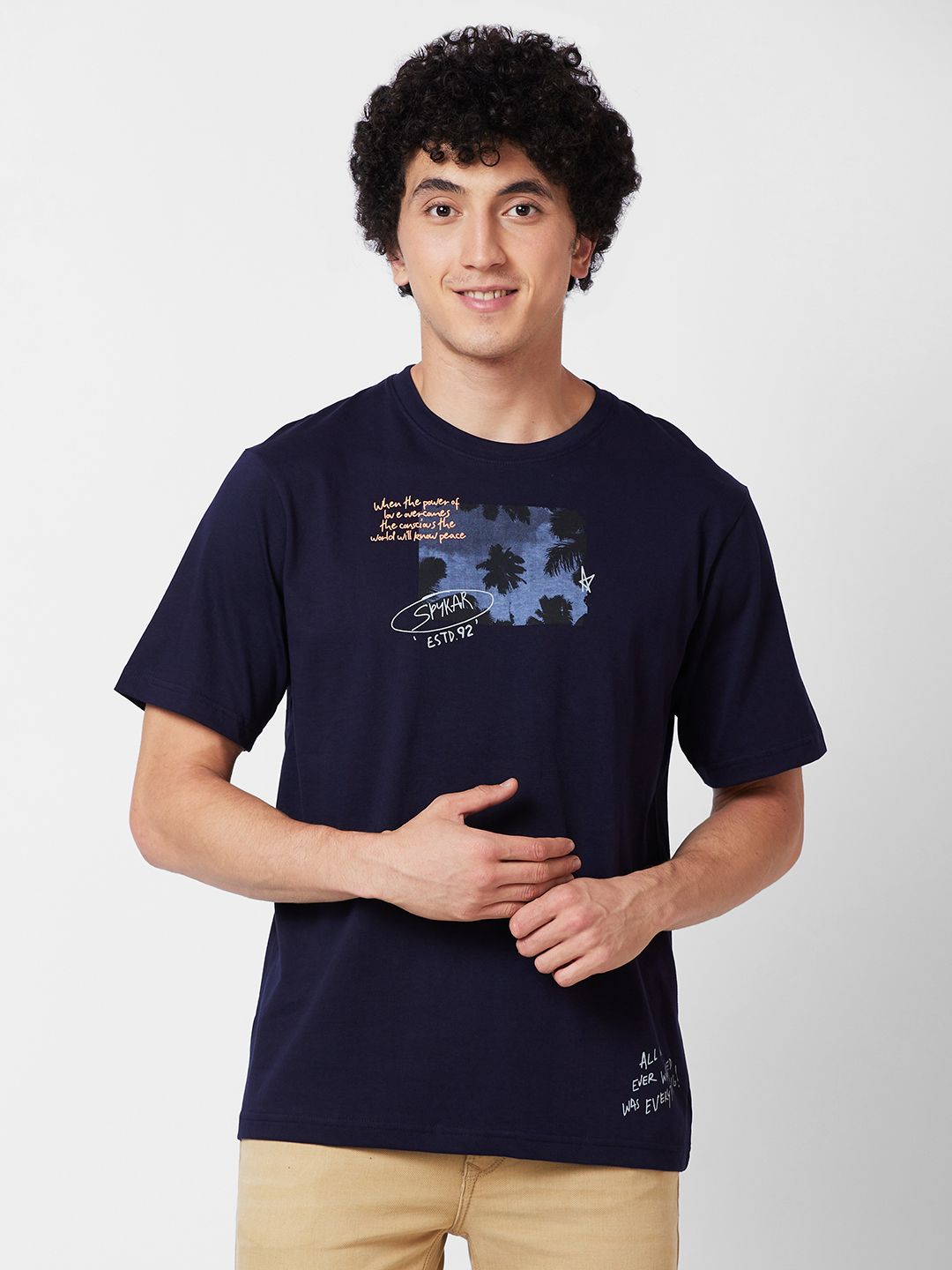 SPYKAR Graphic Printed Relaxed Fit Drop-Shoulder Sleeves Casual T-shirt