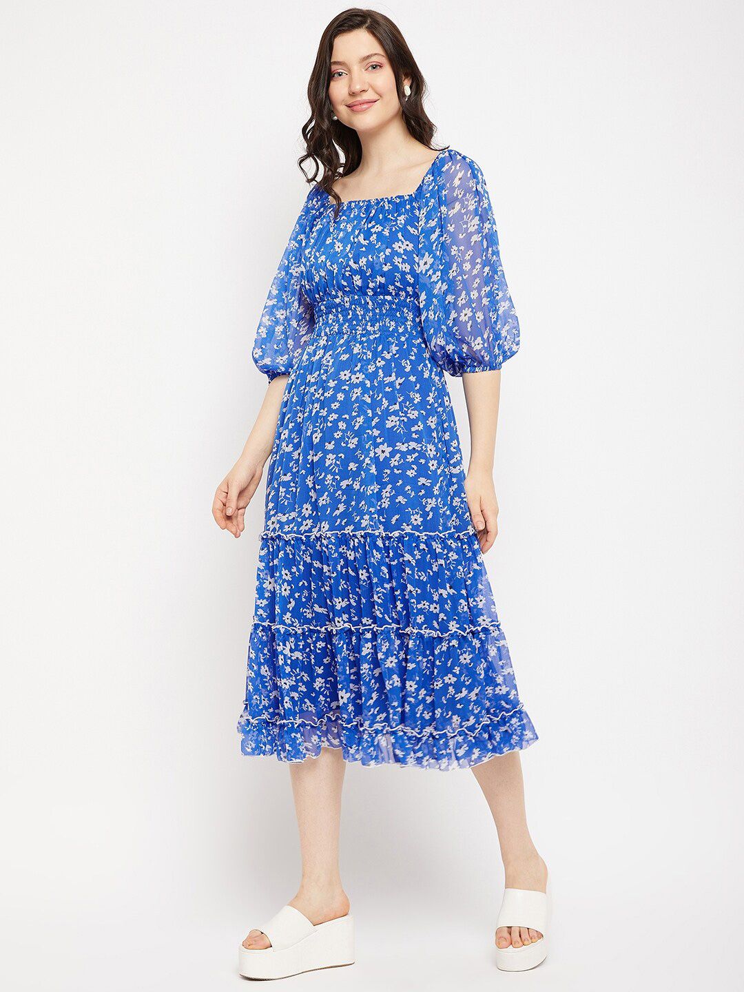 Antheaa Square Neck Floral Printed Smocked Tiered Chiffon Fit & Flare Midi Dress