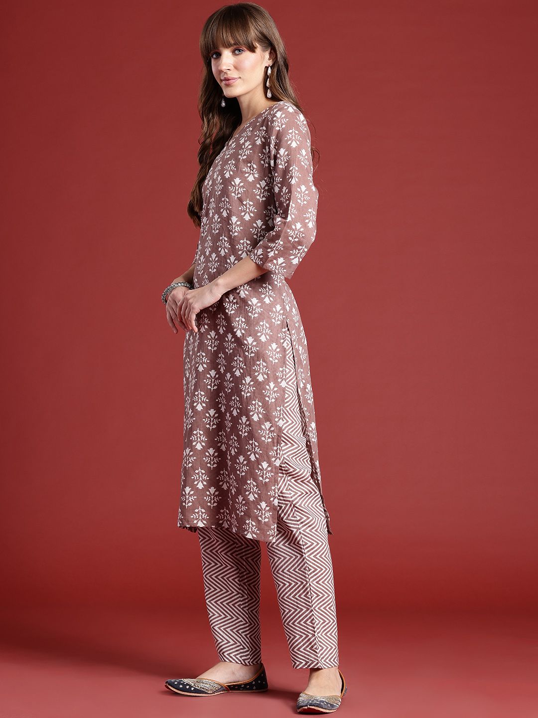 Anouk Floral Printed Pure Cotton Kurta With Trousers & Dupatta