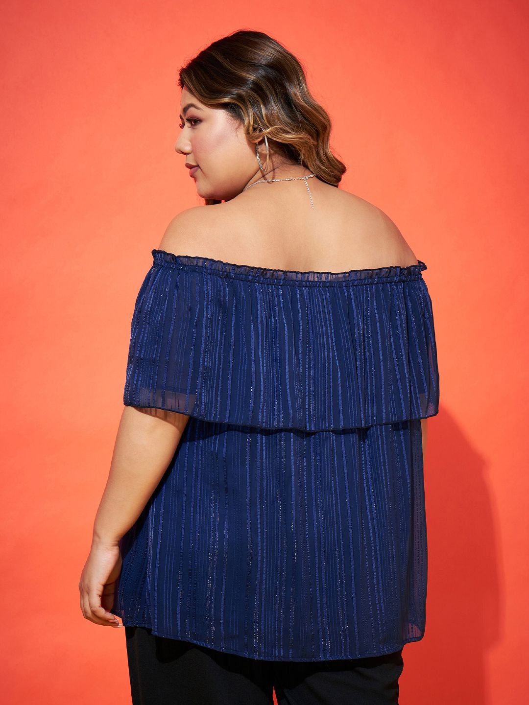 SASSAFRAS Curve Navy Blue Plus Size Vertical Stripes Off-Shoulder Cape Sleeves Bardot Top