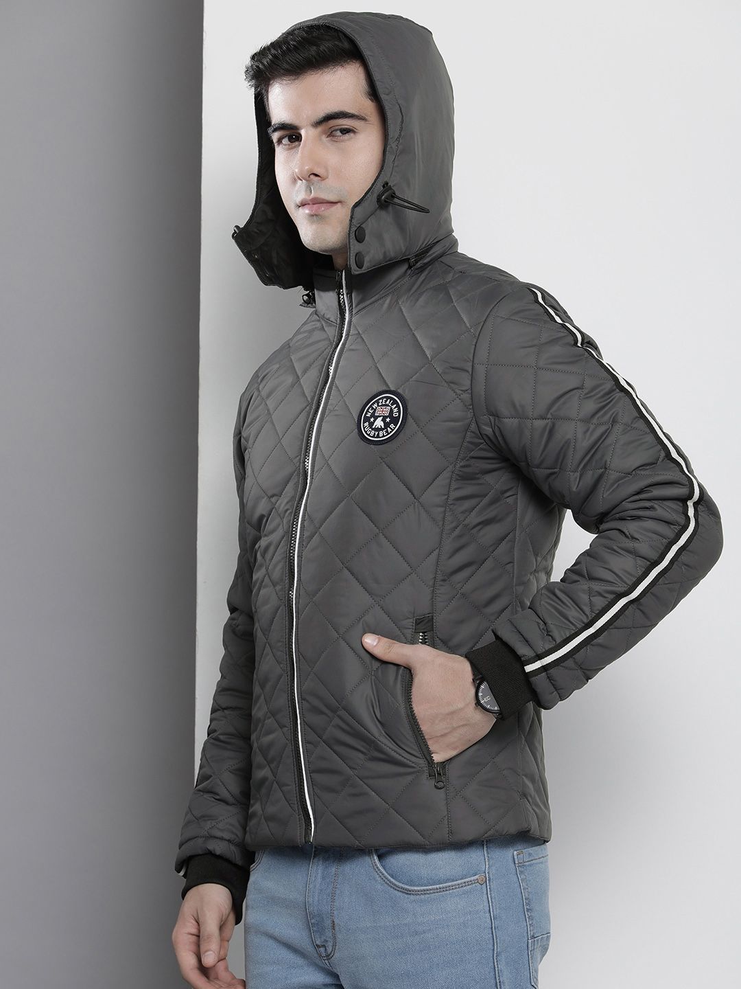 The Indian Garage Co Men Solid Puffer Jacket with Detachable Hood