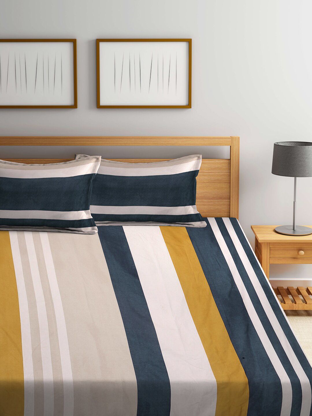 KLOTTHE Unisex Multi Striped 300 TC Fitted Super King Double Bedsheet with 2 Pillow covers