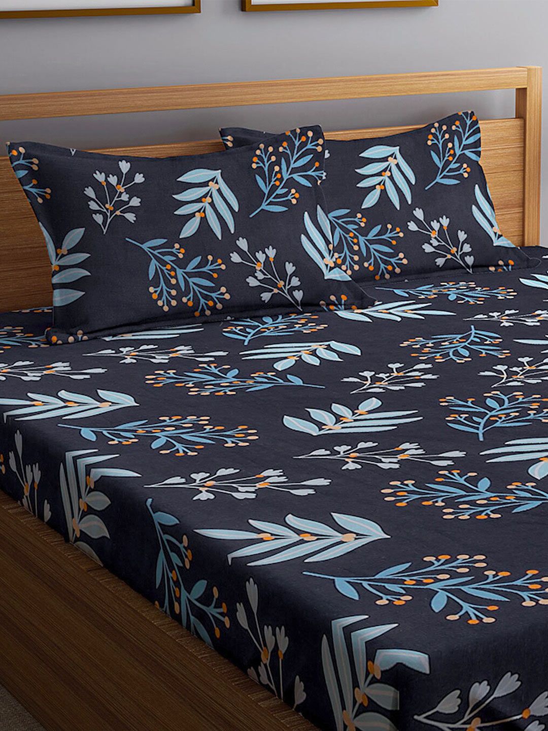 KLOTTHE Blue Floral Cotton 300 TC King Fine Bedsheet with 2 Pillow Covers-250 x 220 cm