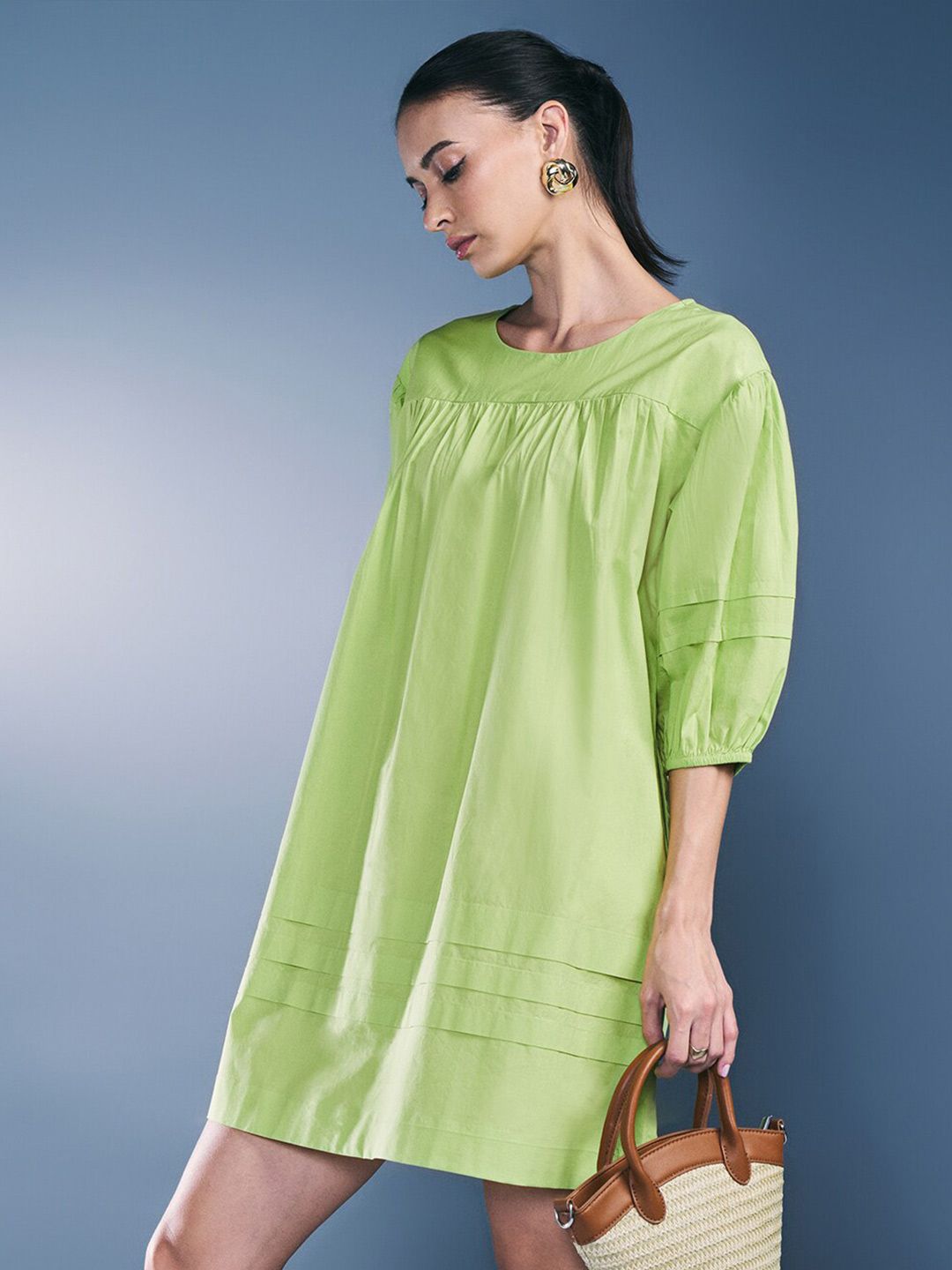 AND Round Neck Puff Sleeve Pure Cotton A-Line Dress