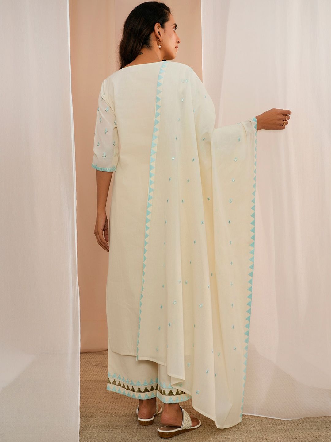 Libas Floral Embroidered Thread Work Pure Cotton Kurta With Palazzos & Dupatta