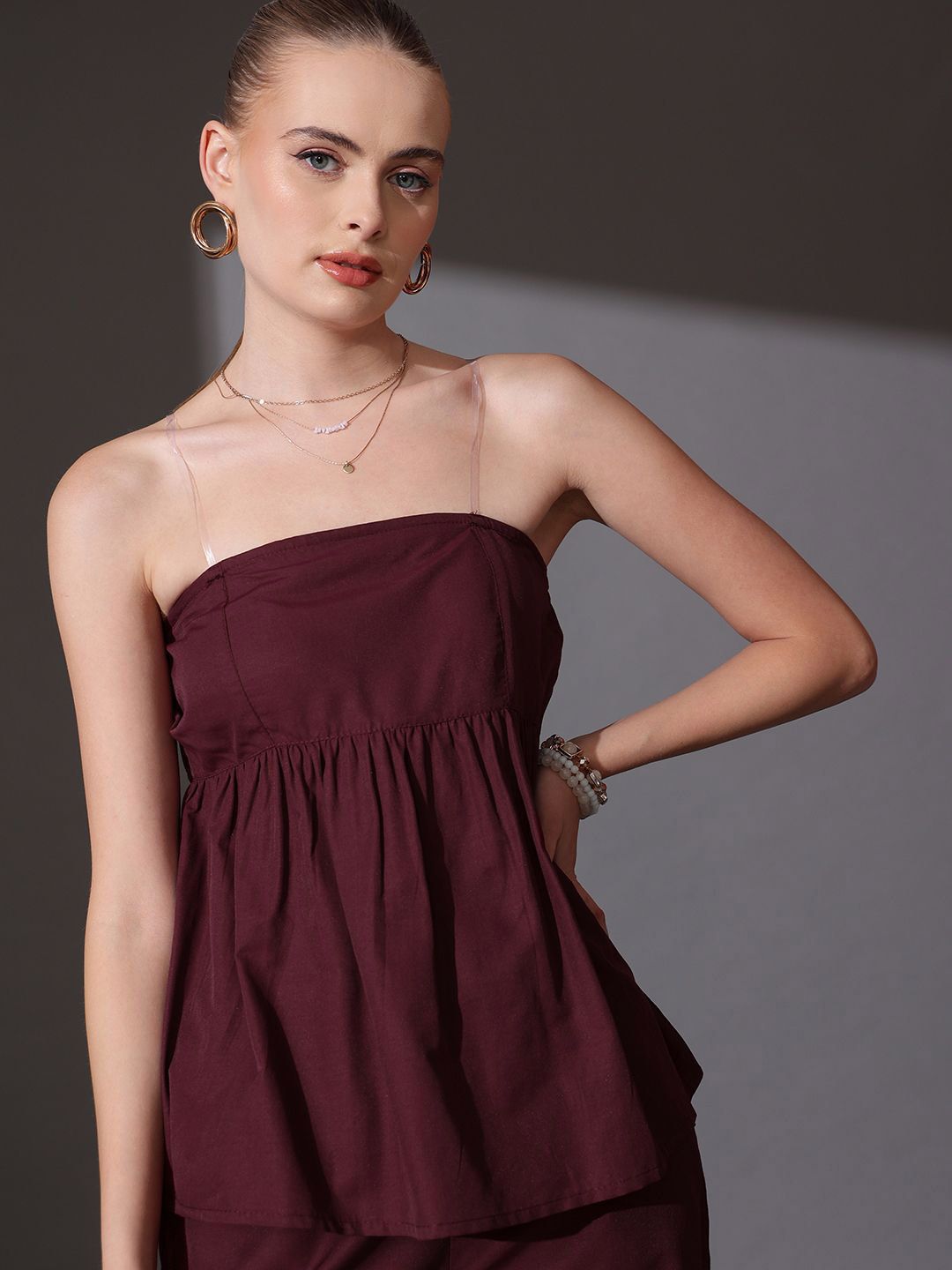 STREET 9 Solid Off Shoulder Pure Cotton Top & Palazzos Co-Ord Set
