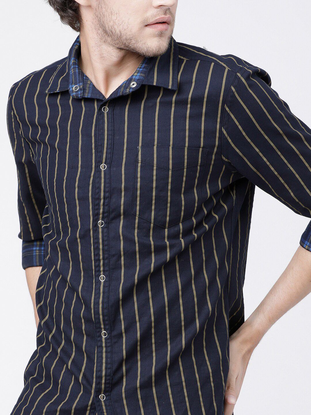 HIGHLANDER Men Navy Blue & Olive Green Slim Fit Striped Reversible Casual Shirt