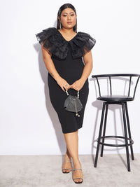 SASSAFRAS Curve Plus Size Black V-Neck Flutter Sleeves Sheath Dress
