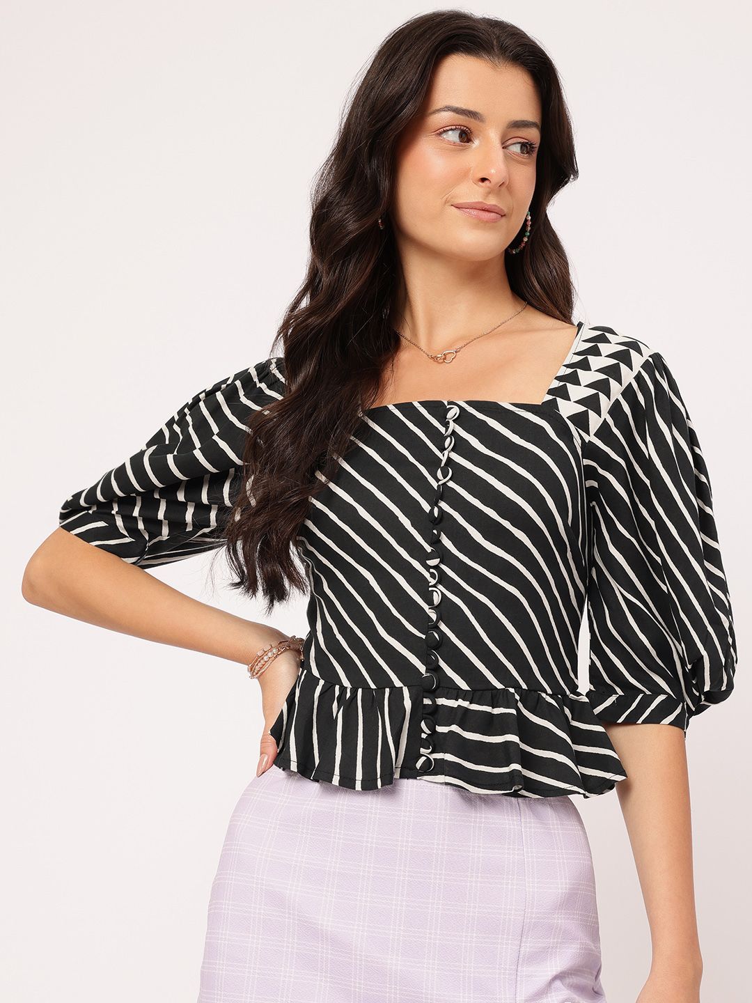 DressBerry Muted Grunge Striped Ruffled Top
