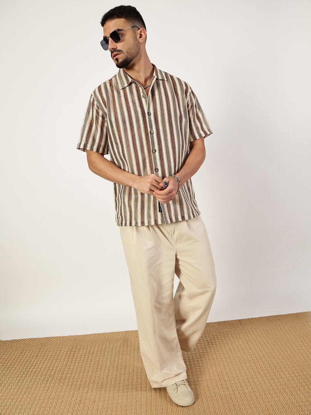 Thomas Scott Men Premium Spread Collar Vertical Striped Cotton Slim Fit Casual Shirt