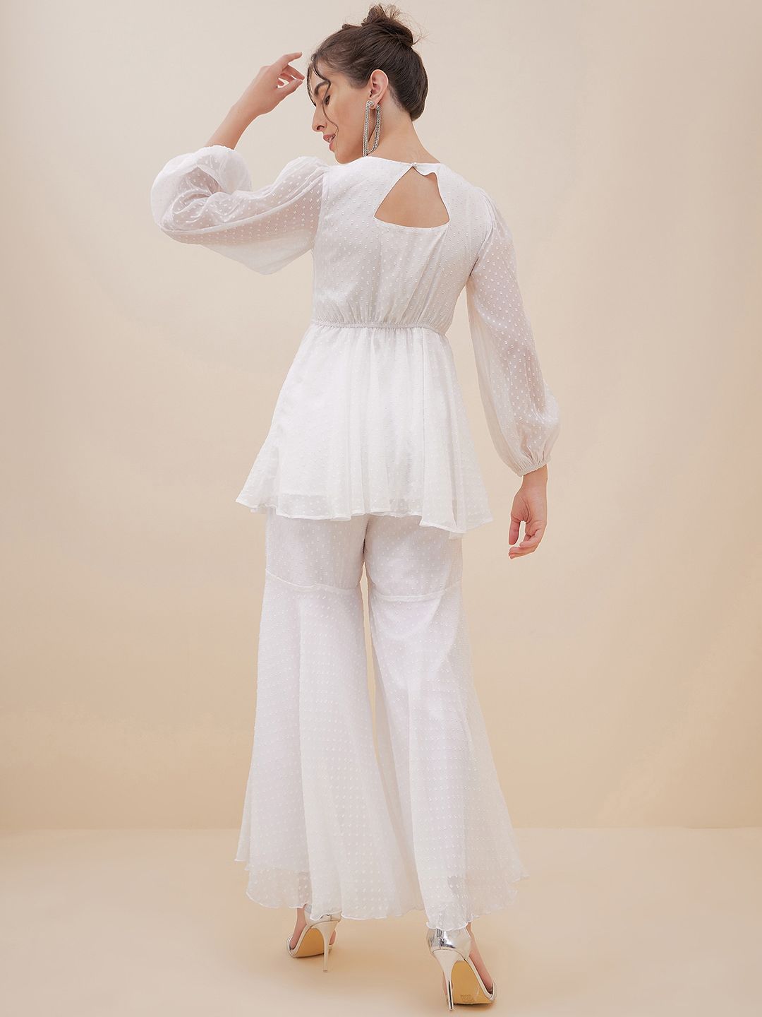 Antheaa Off White Self Design Embellished Puffed Sleeves Top With Palazzos